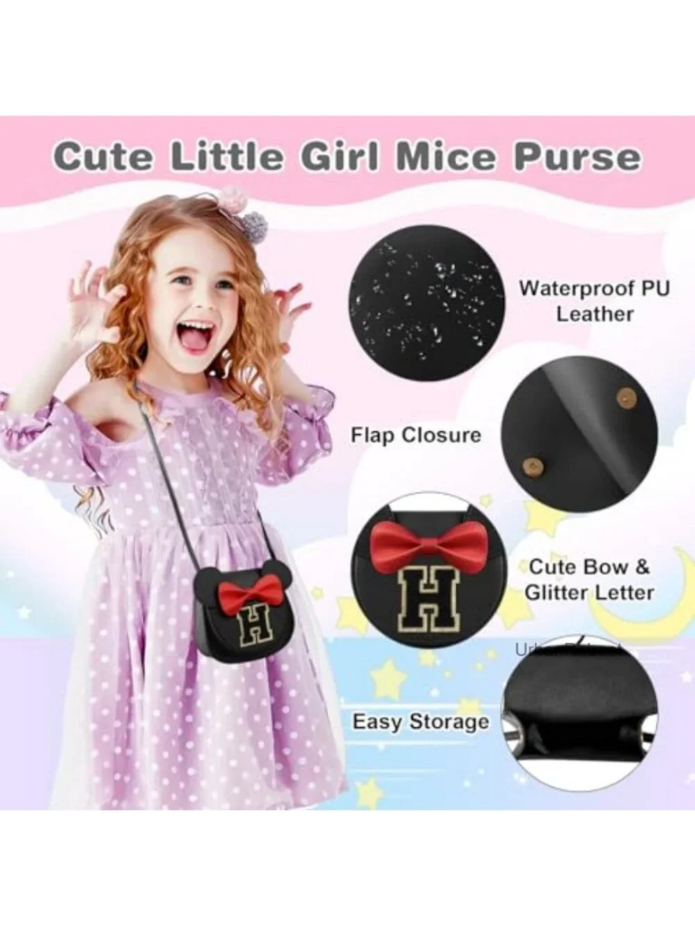 Girls Crossbody Purse PU Leather Mouse Ear Bow Monogrammed Wallet